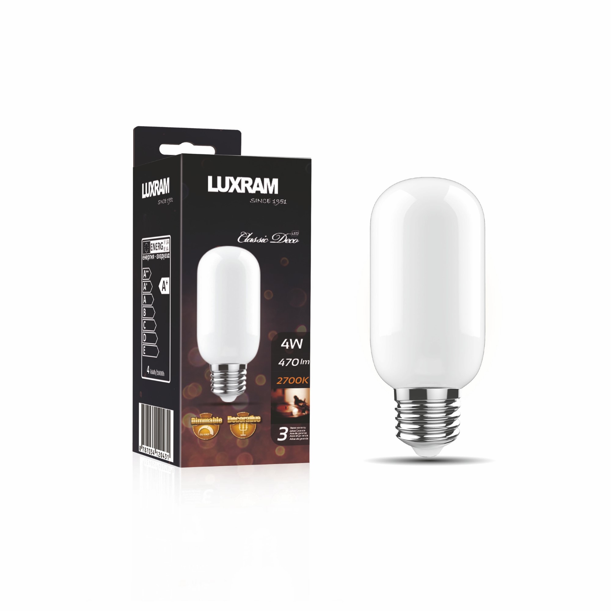 703412043  Classic Deco Opal T45 E27 Dimmable 4W 2700K 470lm